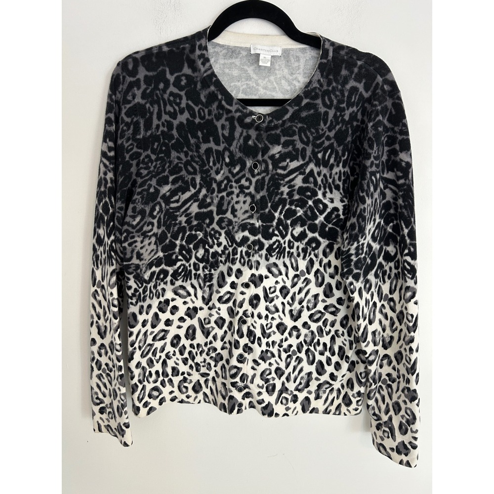 Charter Club Women's XL Leopard Print‎ Ombre Cardigan Sweater Grey White Cotton